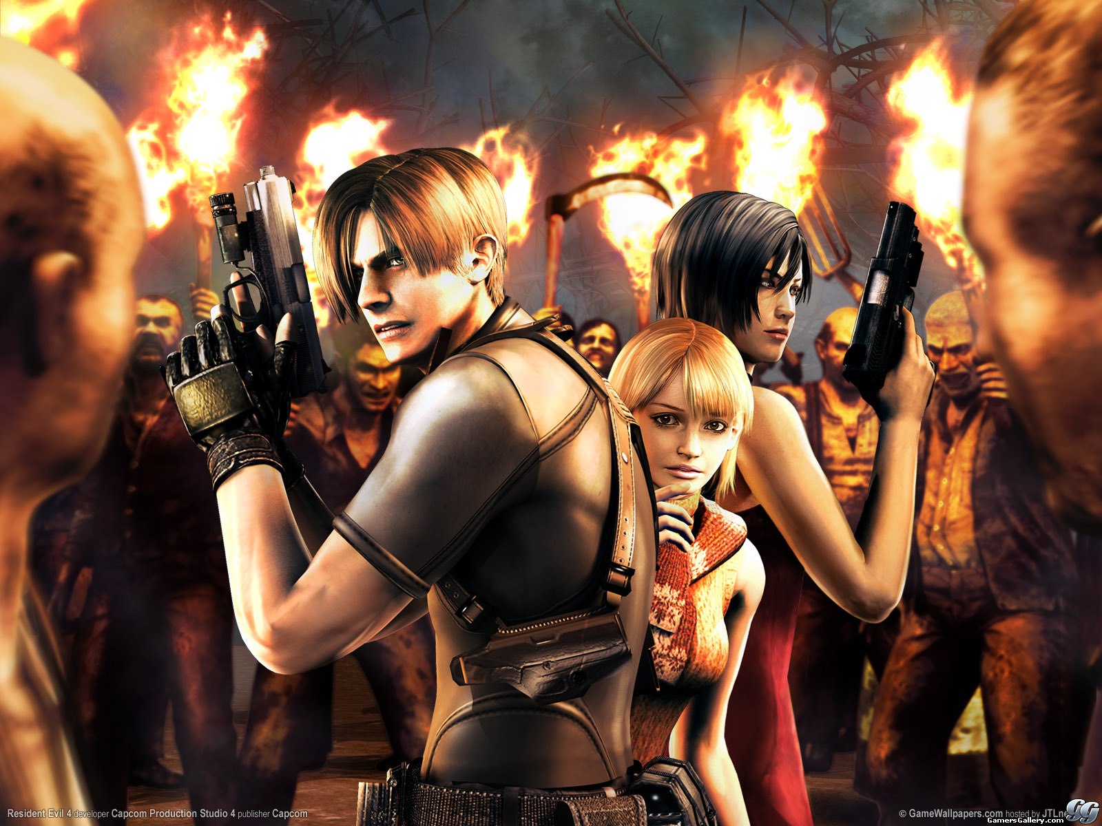 Resident evil 4, Leon, Ashley y Ada rodeada de Infectados con las Plagas.